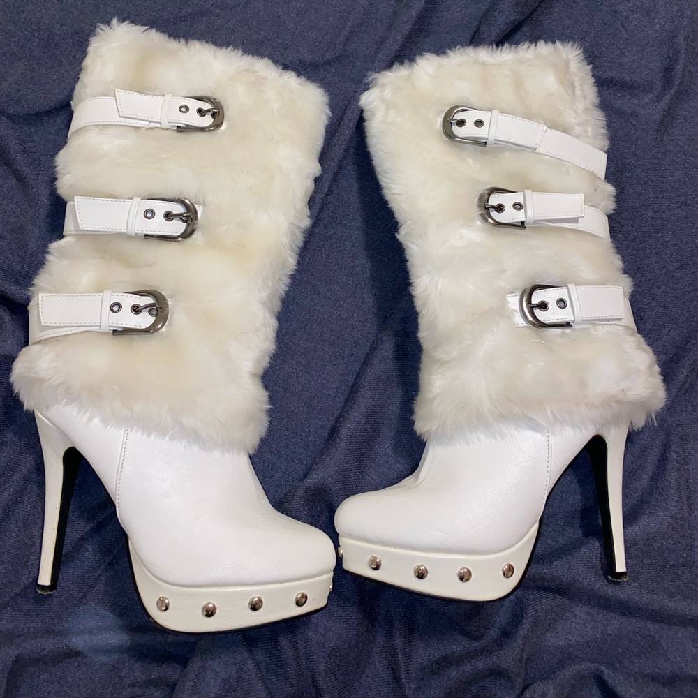 White faux furry silver buckled calf boots